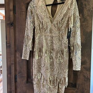 Lulu's Champagne Gold Beaded Long-Sleeve V-Neck Dress